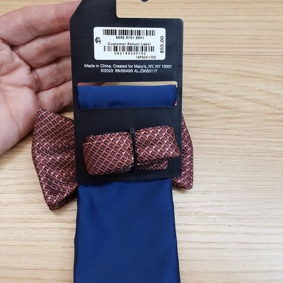 ALFANI Mens Bow Tie & Pocket Square Cognac Diamond Check Solid Blue Satin - Picture 3 of 5